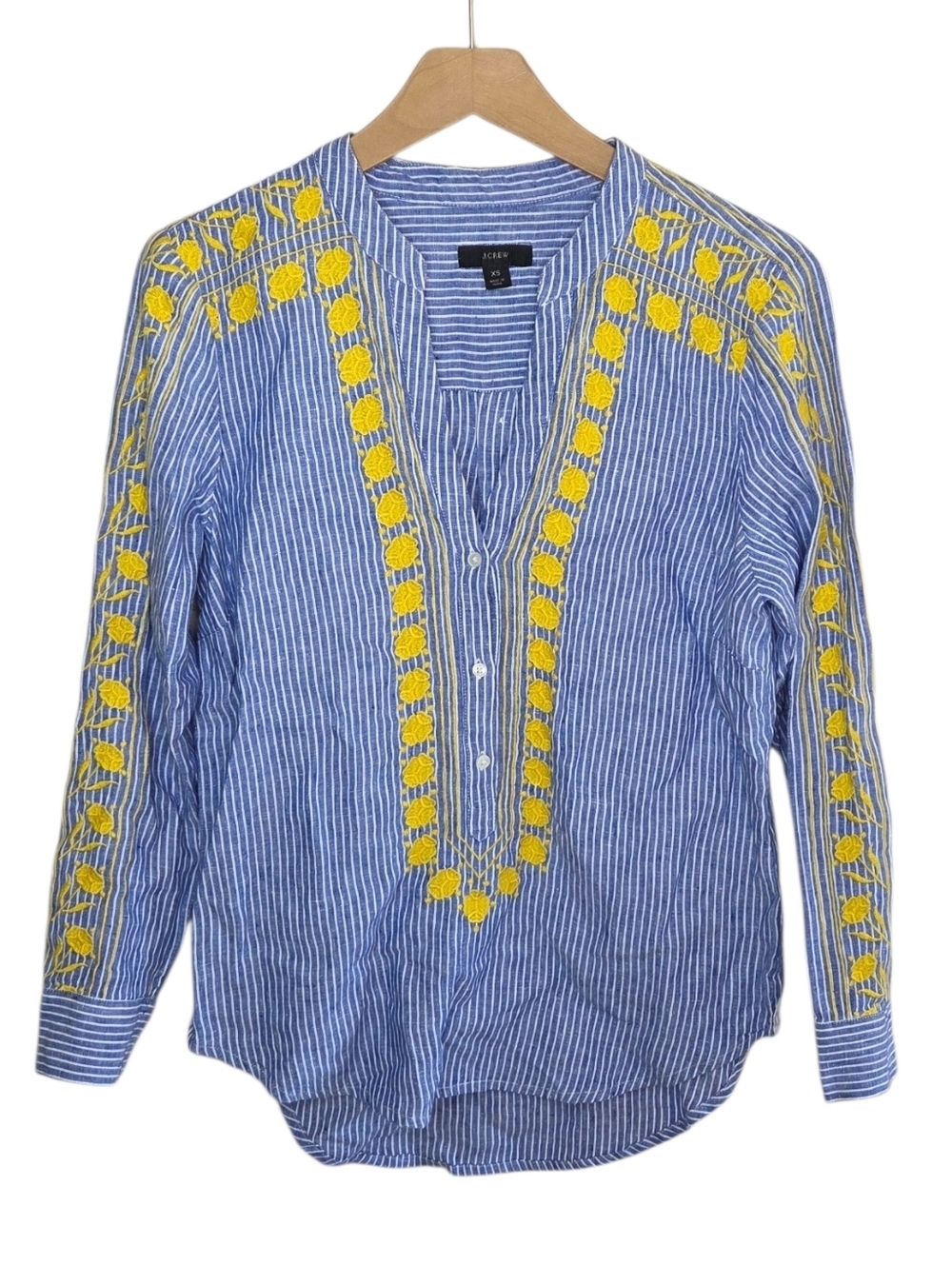 J. Crew Blue White Striped Linen Popover Top Yellow Floral Embroidery Size XS